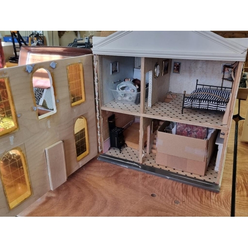 146 - Doll's House: a wooden doll house, approx 45cm high x 40cm wide; together with a quantity of do... 