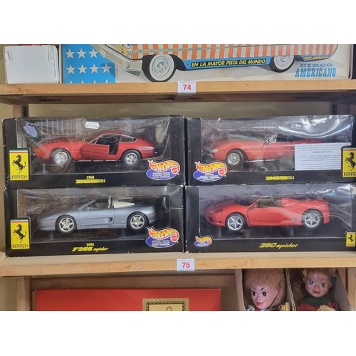 75 - Burago: four boxed Hot Wheels Ferrari models, comprising: 360 Spider; 365GTB; 365GTS and F355 S... 