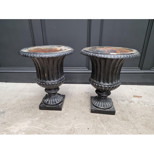 1204 - A pair of black painted cast iron Campana urns and stands, 69cm high.