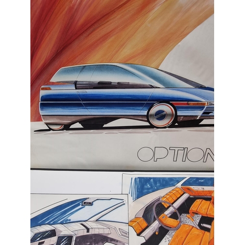 1356 - Automobilia: a set of five Ford motorcar futuristic designs, each signed James and dated '83/86, wat... 