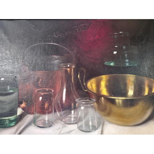 1570 - Arpad Romek, still life of glass bottles and other items, signed, oil on canvas, 54 x 67cm.... 