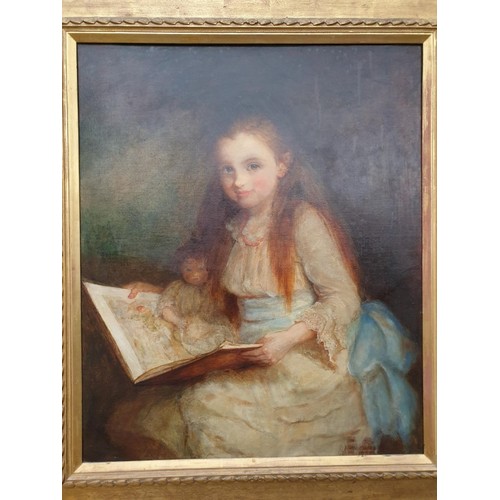 1564 - English School, late 19th century, a three quarter length portrait of a young girl reading to her do... 