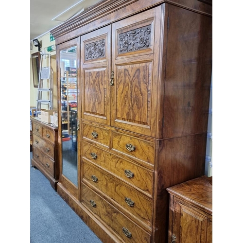 1017 - A good late Victorian figured walnut bedroom suite, comprising: a compactum style wardrobe, 195.5cm ... 