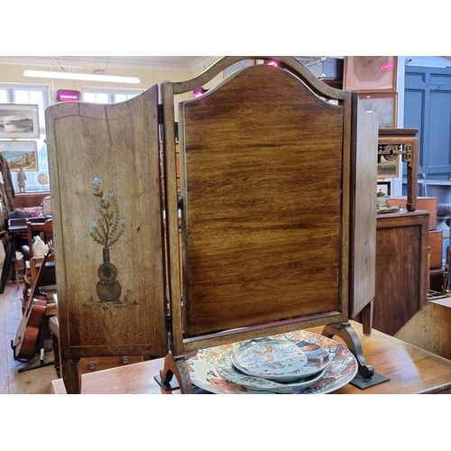 1044 - An early 20th century mahogany, line inlaid and chinoiserie painted triptych dressing table mirror, ... 