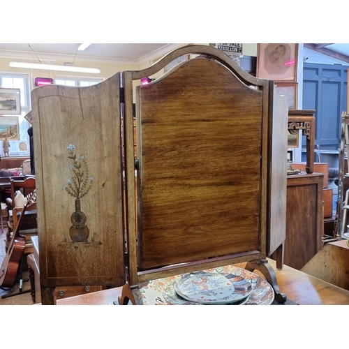 1044 - An early 20th century mahogany, line inlaid and chinoiserie painted triptych dressing table mirror, ... 