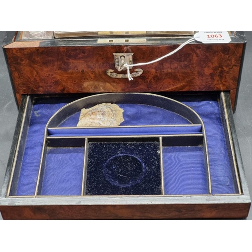 1063 - A Victorian burr walnut toilet box, with electroplated fittings, 31cm wide. 