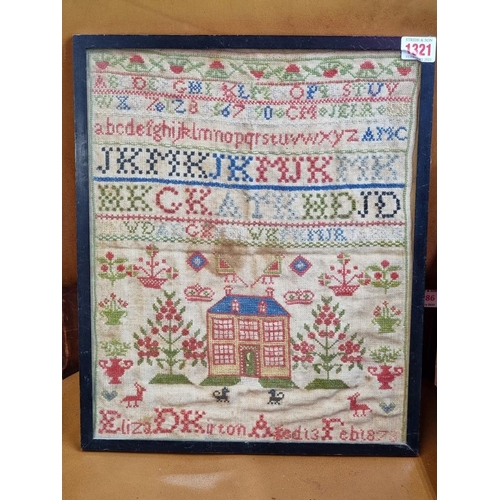 1321 - A Victorian woolwork sampler, inscribed 'Eliza D Kirton, Aged 13, Feb 1873', 37.5 x 30.5cm. ... 