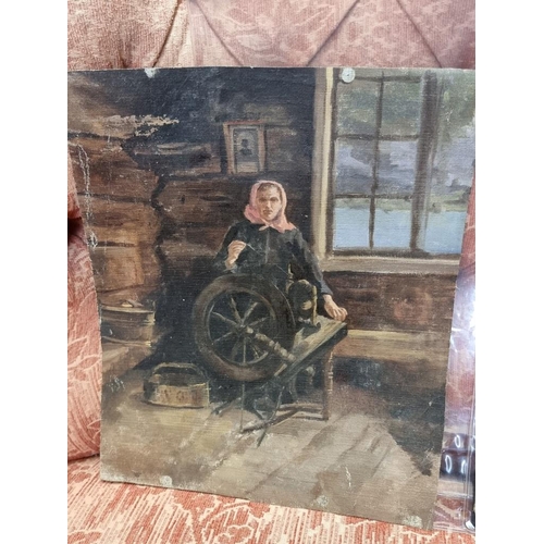 1343 - British or Irish School, early 20th century, lady with a spinning wheel, unsigned, oil on canvas, 32... 