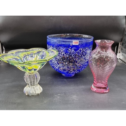 1420 - Three coloured glass vases, largest 23cm high. 