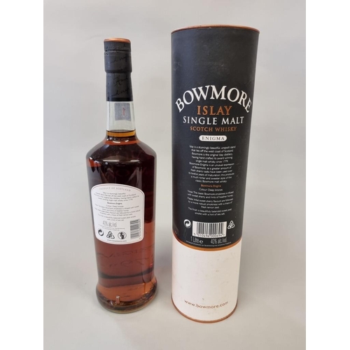 1 - A 1 litre bottle of Bowmore 12 year old whisky, in card tube.