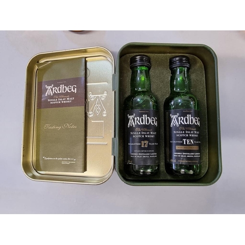 10 - Two 5cl miniature bottles of Ardbeg whisky, comprising: 17 year old and 10 year old, in one tin; tog... 