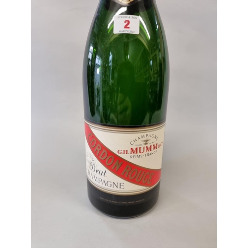 2 - A 3 litre double magnum Mumm & Cie 'Cordon Rouge' shop display champagne bottle, (no contents).... 