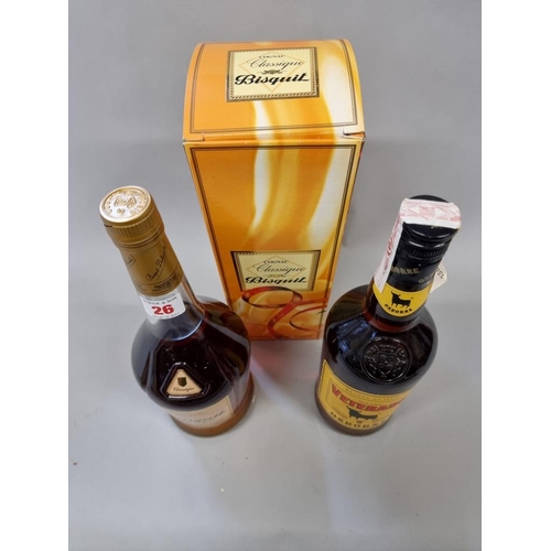 26 - Two 1 litre bottles of brandy, comprising: Bisquit Classique cognac, in oc; and Osborne Veterano bra... 