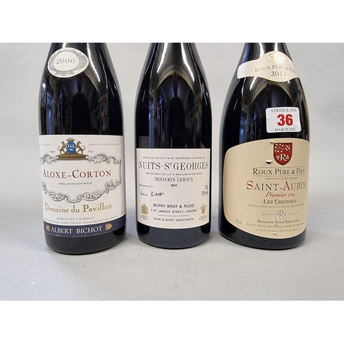 36 - Three 75cl bottles of French red wine, comprising: Nuits-St Georges, 2017, Benjamin Leroux (BB&R... 