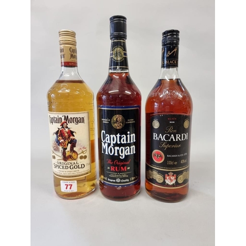 77 - Three 1 litre bottles of spirits, comprising: Captain Morgan 'Spiced Gold'; Captain Morgan rum; and ... 