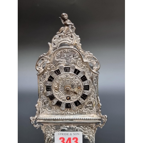 343 - An ornate 19th century Dutch silver miniature longcase clock, import mark Thomas Glaser, London 1891... 