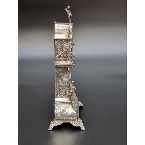 343 - An ornate 19th century Dutch silver miniature longcase clock, import mark Thomas Glaser, London 1891... 