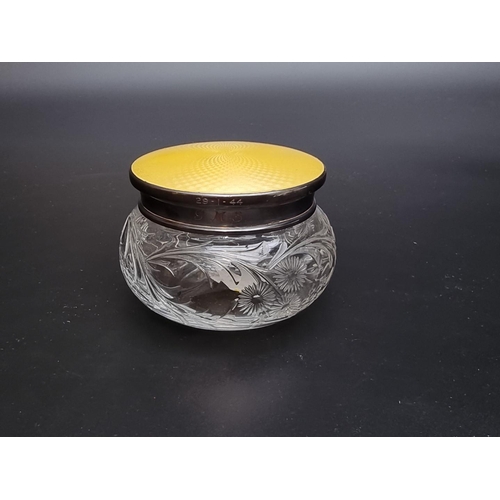 361 - A silver and yellow guilloche enamel lidded cut glass jar, by Beddoes & Co, Birmingham 1931, 9cm... 