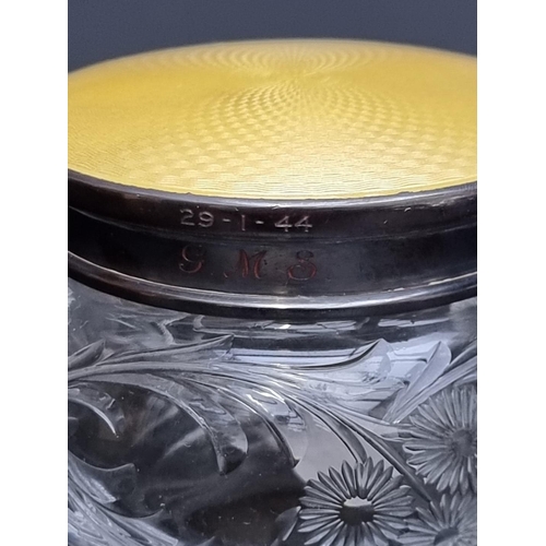 361 - A silver and yellow guilloche enamel lidded cut glass jar, by Beddoes & Co, Birmingham 1931, 9cm... 