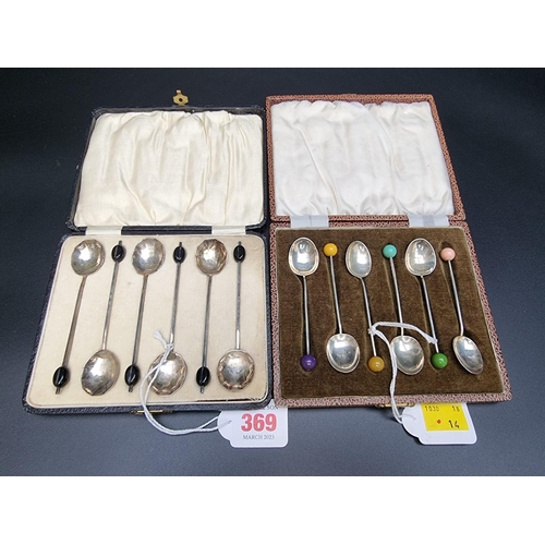 369 - A cased set of six silver bean handles coffee spoons, by Wilmot Manufacturing Co, Birmingham 1929, g... 