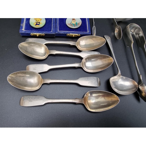 397 - A small quantity of silver cutlery, to include two cased silver and enamel child' spoons, gross weig... 