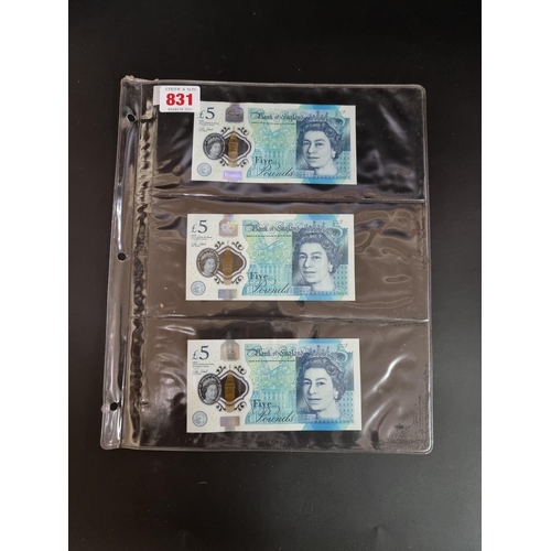 831 - Banknotes: three uncirculated Bank of England Victoria Cleland polymer £5 notes, all series A.... 