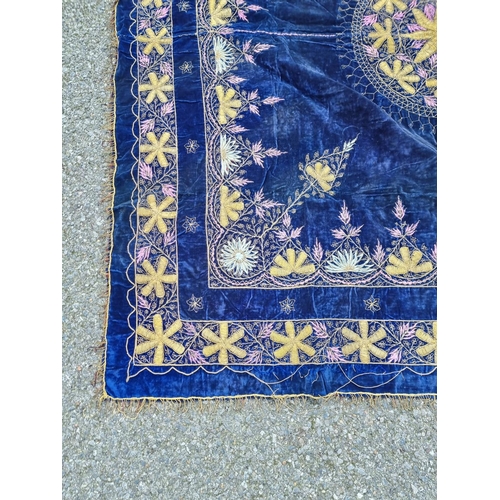 1020 - A Turkish gold thread tapestry, on blue ground, 165 x 165; together with a similar gold thread tapes... 