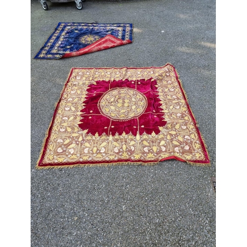 1020 - A Turkish gold thread tapestry, on blue ground, 165 x 165; together with a similar gold thread tapes... 