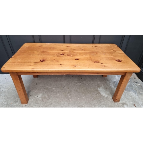 1035 - A pine kitchen table, 182cm long; together with a set of six beech and rush seated ladder back chair... 