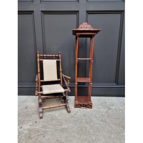 1077 - A mahogany three tier open shelf, of pagoda style, 99.5cm high x 28cm wide; together with an antique... 