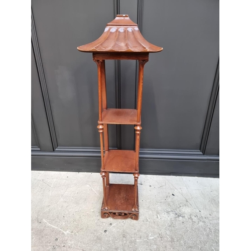 1077 - A mahogany three tier open shelf, of pagoda style, 99.5cm high x 28cm wide; together with an antique... 