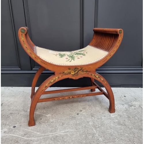 1095 - A late Victorian satinwood and painted X-frame stool. 