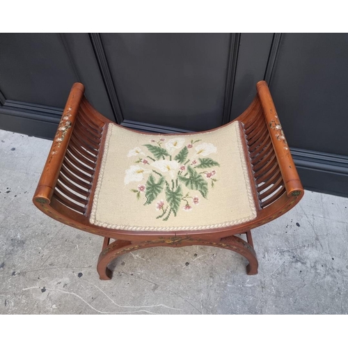 1095 - A late Victorian satinwood and painted X-frame stool. 