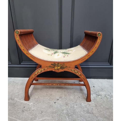 1095 - A late Victorian satinwood and painted X-frame stool. 