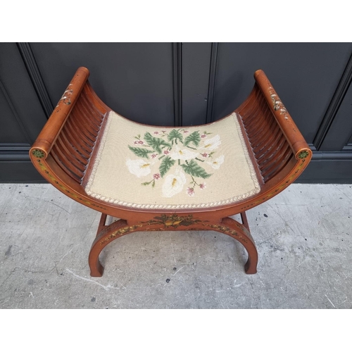 1095 - A late Victorian satinwood and painted X-frame stool. 