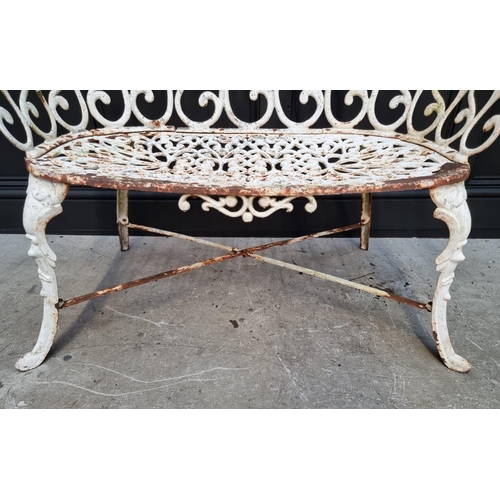 1106 - An old white painted wrought and cast iron bench, 93cm wide. 