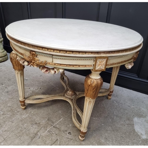 1117 - An old Louis XVI style cream painted and parcel gilt circular centre table, with travertine top and ... 