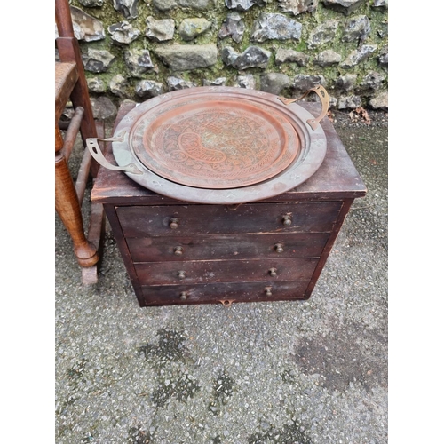 1154 - An oak ladderback rocking chair; together with a small collectors chest; and two copper trays.... 