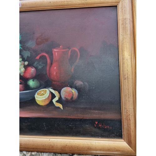 1162 - Hilario Roberto, still life of fruit, signed, oil on canvas, 59 x 98cm; together with another simila... 