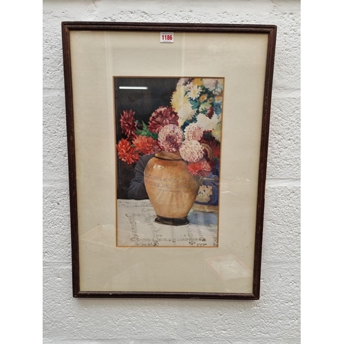 1186 - Edith Grace Wheatley, still life of dahlias in a jug, signed, watercolour, 43 x 26.5cm.... 