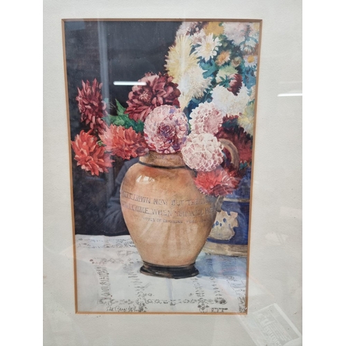 1186 - Edith Grace Wheatley, still life of dahlias in a jug, signed, watercolour, 43 x 26.5cm.... 