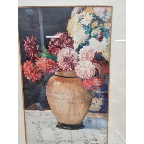 1186 - Edith Grace Wheatley, still life of dahlias in a jug, signed, watercolour, 43 x 26.5cm.... 