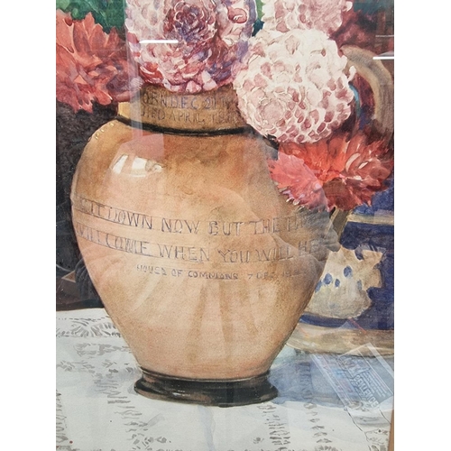 1186 - Edith Grace Wheatley, still life of dahlias in a jug, signed, watercolour, 43 x 26.5cm.... 