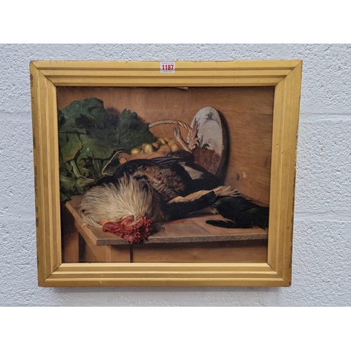 1187 - J W Parkinson, still life of a dead cockerel and other items, signed and dated 1876, oil on can... 