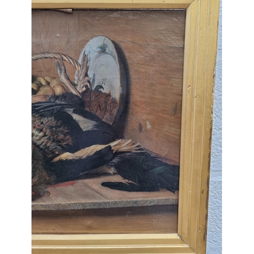 1187 - J W Parkinson, still life of a dead cockerel and other items, signed and dated 1876, oil on can... 