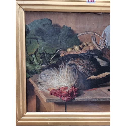 1187 - J W Parkinson, still life of a dead cockerel and other items, signed and dated 1876, oil on can... 