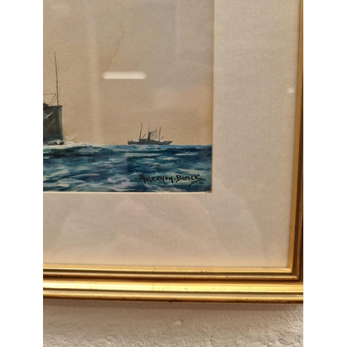 1192 - Algernon Black, a battleship, signed and dated '16, gouache, 44 x 32.5cm; together with three furthe... 