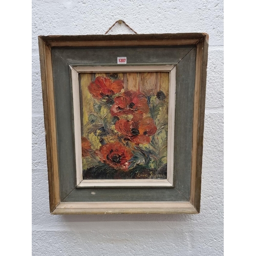 1207 - Enid *..., still life of poppies, indistinctly signed, oil on board, 39.5 x 32cm.  ... 