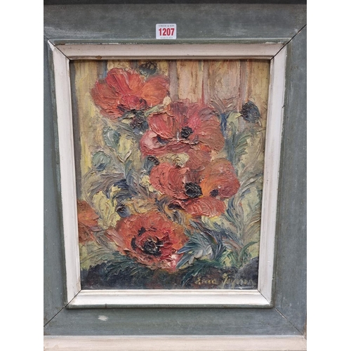 1207 - Enid *..., still life of poppies, indistinctly signed, oil on board, 39.5 x 32cm.  ... 