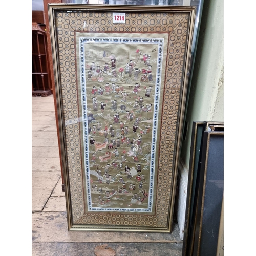 1214 - A Chinese silk embroidered 'Hundred Boys' panel, 65 x 33cm; together with a small quantity of Japane... 